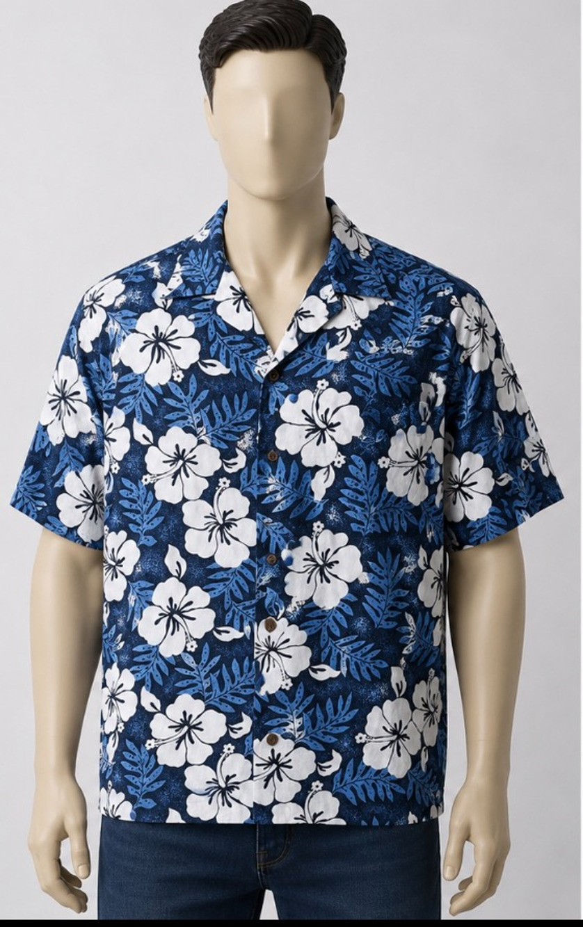 RJC Men's Hawaiian Button-Up Shirt Blue Tropical Hibiscus Floral Size Large USA